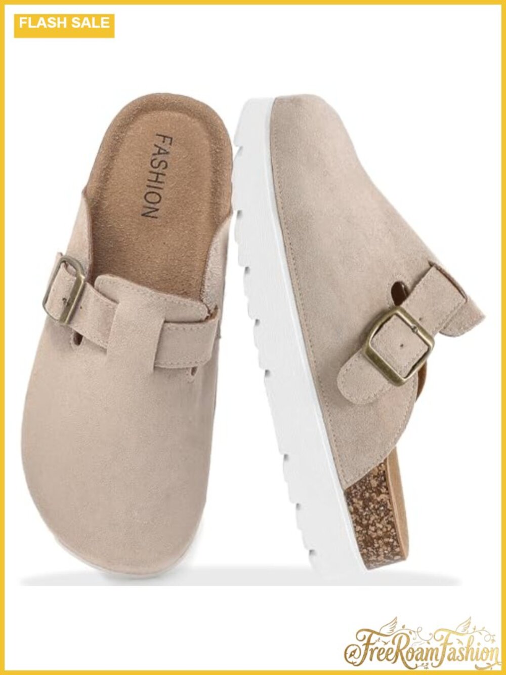 Suede Platform Clogs Memory Foam Cork Footbed Adjustable Buckle Mules